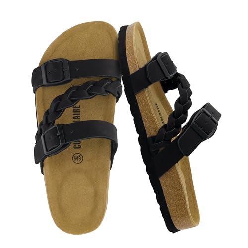 CUSHIONAIRE Women's Lizzy Cork Footbed Sandal - Comfortable, Adjustable Straps, Arch Support, Wide Widths Available, Boho Chic Summer Slides