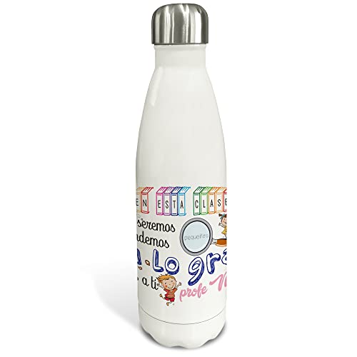 LolaPix Regalo Profesora Infantil. Botella agua. Botella personalizada. Botella acero inoxidable. Botella térmica de doble capa. Libre BPA. 500ml y 750ml. APRENDER A LO GRANDE
