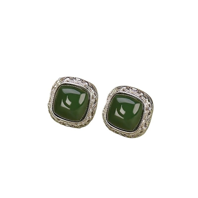 Boucles d'oreilles pierre verte synthétique plaqué or Ruyi pour femme