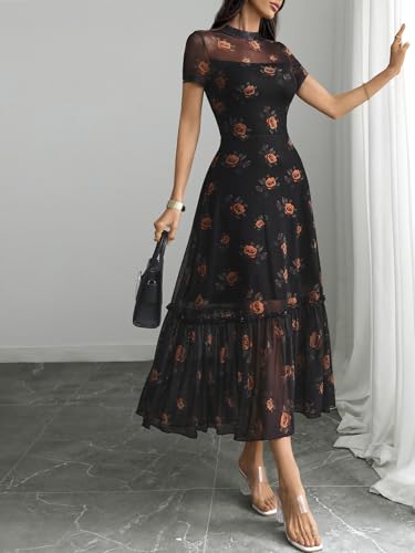 Image of GothDark Women's Summer Floral Mesh Ruffle Dress Short Sleeve Round Neck Waist Cinched Casual Maxi Wedding Guest Dresses