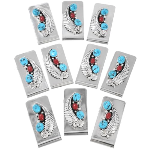 Native American Turquoise Coral Silver Money Clip Sterling Navajo Design on German Silver 37673