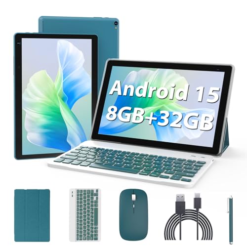 Image of Android 15 Tablet 10 inch, 2 in 1 Tablets with Keyboard Case Mouse Stylus, 8GB RAM 32GB ROM 1TB Expand, Quad Core Processor Tablet, WiFi, BT, 1280x800 HD Screen, 6000mAh, Dual Camera, GMS, Widevine L1