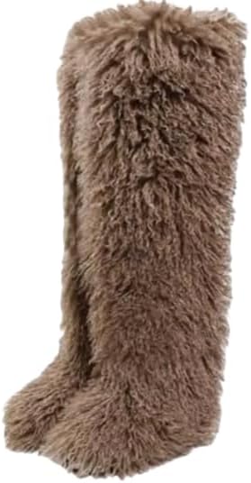 YXCFEWD Over the Knee Fur Boots for Women Winter Thigh High Boots Fluffy Furry Snow Boots(Dark Khaki,9)