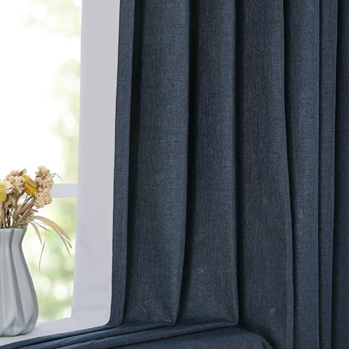 Image of Vision Home Navy Blue Pinch Pleated Full Blackout Curtains Linen Blended Room Darkening Window Panels 108 inch for Living Room Bedroom Thermal Insulated Pinch Pleat Drapes with Hooks 60 inch Wx108 Lx1