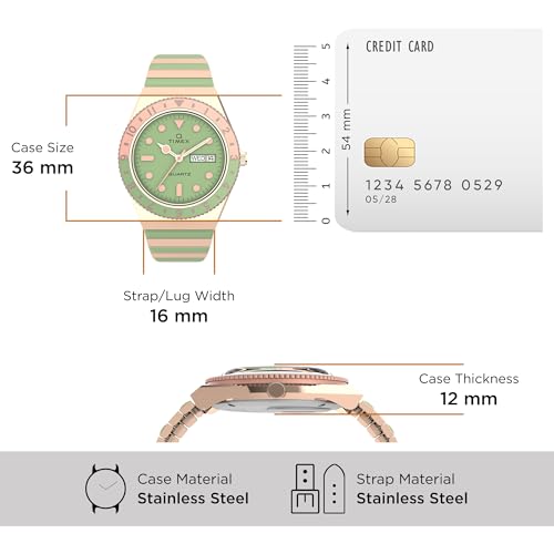 Image of TIMEX Diver Inspired Analog Watch for Women with Green Round Dial & Two Tone Stainless Steel Bracelet Band Water Resistant Women's Wrist Watches - TW2V38700UJ