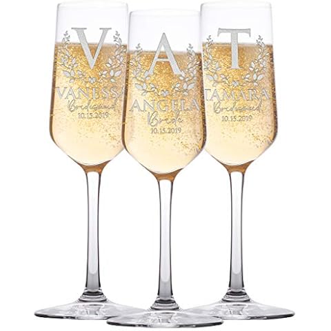 Personalized Bridesmaid Champagne Flutes, Bridal Party, Customized Gifts for Bridesmaids, Maid of Honor w Gift Box Option | 3 Piece Cover