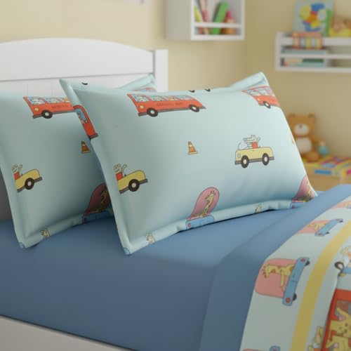 Image of Filymore Kids Car & Bus Theme Pillow Covers Set of 2, 17x27 Inch Sky Blue | Soft Microfiber Pillow Cases for Kids Room, Skin-Friendly & Breathable Decorative Cushion Covers