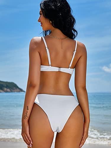 Zaful Women's High Cut Bikini Sets Ribbed V-Wire Cami Bikini Two Piece Swimsuit (1-White, M) #TOP1