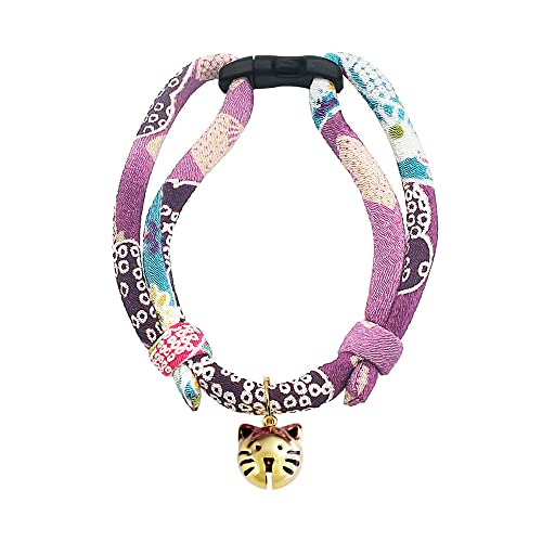 PetSoKoo Cat Collar with Kitty Face Bell. Cute Japan Chirimen Kitten Collar. Soft & Lightweight, Purple, Standard (6-13inch,16-32cm)
