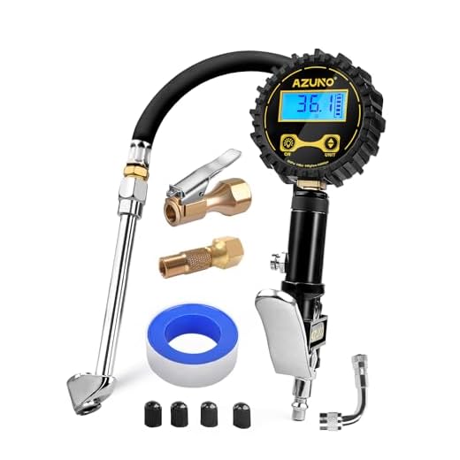 AZUNO Digital Tire Inflator with Pressure Gauge, 200 PSI (0.1 Res) w/LED Flashlight, Heavy Duty Air Compressor Accessories 7pcs Set, w/Lock on Air Chuck, Dual Head Chuck and 90° Tire Valve Extension