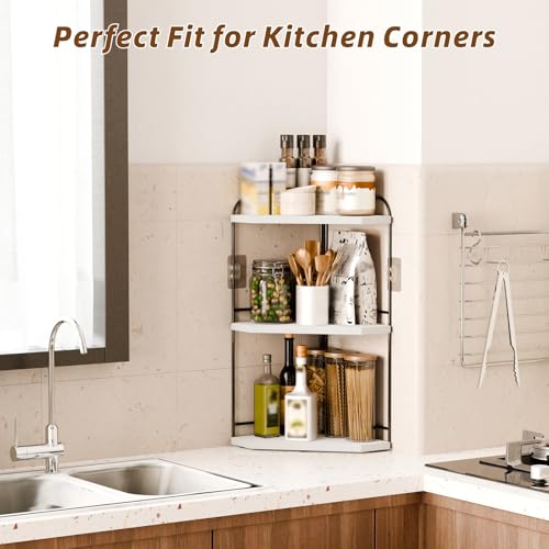 Image of Corner Bathroom Counter Organizer, 3-Tier Wood Countertop Organizer | Skincare Organizers for Vanity, Makeup Storage, Counter Corner Shelf for Kitchen, Bathroom, Dresser, White
