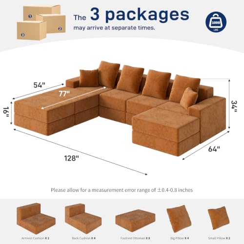 Image of Living&Giving 128 inch U-Shaped Cloud Sectional Couch for Living Room, Cloud Boneless Couch-No Assembly with Reversible Chaise, Customizable 4-Seat Modular Sectional Sofa with 3 Ottoman, Orange