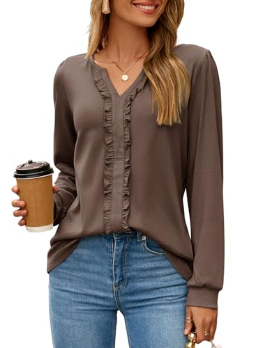 Dokotoo Womens Long Sleeve Tops Ruffle V Neck Shirts Dressy Casual Blouses Fall Clothes 2025