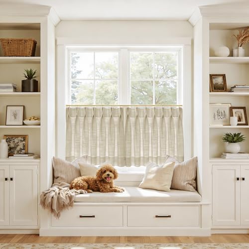 Image of TWOPAGES 34 inch inch W x 30 inch inch L Linen Blend Cafe Curtains for Kitchen Window, Light Filtering Pinch Pleated Tier Curtains, Modern Farmhouse Half Window Curtains for Small Window, Grey Beige, 2 Panels
