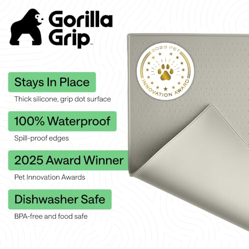 Image of GORILLA GRIP 100% Waterproof Raised Edge BPA Free Silicone Pet Feeding Mat, Dog Cat Food Mats Contain Spills Protects Floors, Placemats for Cats, Dogs Water Bowl, Pets Accessories 16x10, Light Gray