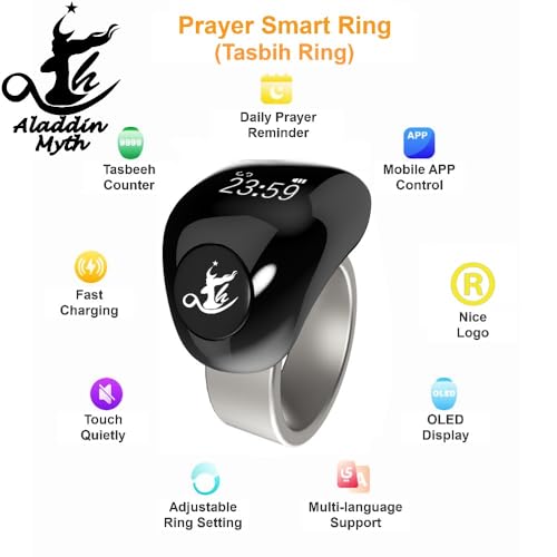 Image of Aladdin Fashion Tasbih Smart Ring, Tasbeeh Counters, Prayer Direction Indicator Guide,5 Azan Alarm Clock,Forgiveness,Electronic Rosary,Eid al-Fitr Eid al-Adha Ramadan Gift, men women,TiColor 18-20mm