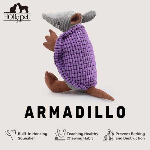 Image of Hollypet Plush Dog Squeaky Toy Stuffed Armadillo Animal Pet Puppy Chew Toys with Clean Teeth for Small Medium Large All Breed Sizes Dogs, Purple, 14 in