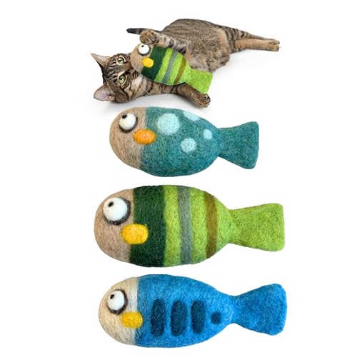 Woolbuddy Felted Wool Cat Toys 3 Fish Kick Toys for Indoor Cats Catnip-Free & Durable