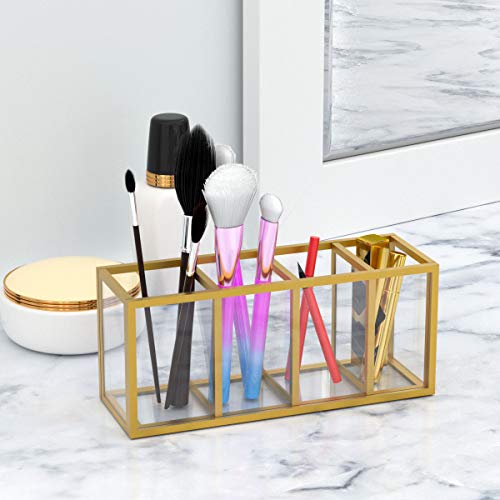 Image of NIUBEE Acrylic Pen Holder 4 Compartments, Gold Copper Border Pencil Organizer Cup for Countertop Desk Accessory Storage