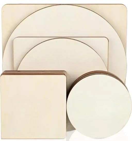 Craftvista Mdf Plain Wood Boards For Art And Craft - 2.5mm Unfinished Slices - Round And Square - 8", 6", 4" Inch - Set Of 2 Each Size And Design - Quantity- 12 Pieces-image-1