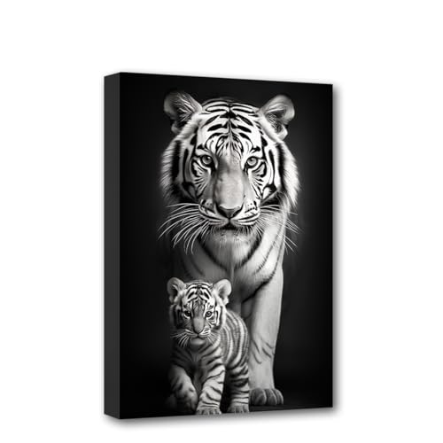 CXHOSTENT Peinture sur toile Tigre et son petit - Tableau animal en noir et blanc, portrait de la faune pour la décoration de la maison (45L x 30L cm)