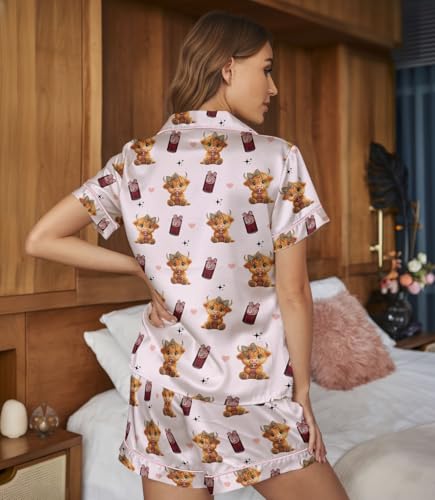 Image of Women 2PCs Satin Pajama Set Short Sleeve Silk Feel Gift Sleepwear | Soft stretch satin; relaxed comfort fit sizes S-3XL for sleep & lounge; short sleeve top, elastic waist shorts; easy care