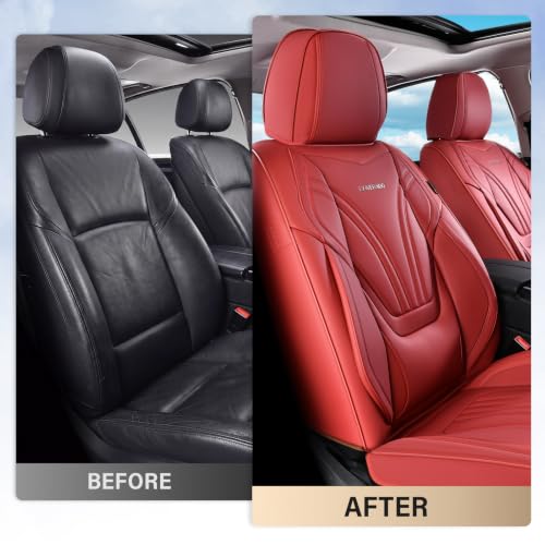 Image of Coverado Car Seat Covers Front Seats, 2 Piece Car Seat Protector with Lumbar Support & Removable Headrest, Breathable Leather Seat Cushion Universal Fit for Truck Automotive Vehicles Red
