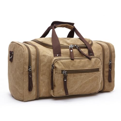 Large mens travel luggage bag carry overnight bag weekend handbag waterproof canvas travel bag(khaki)