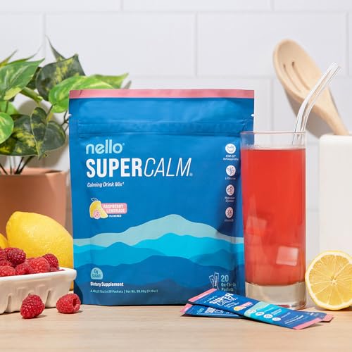 Image of Nello Supercalm Powdered Drink Mix, Cortisol Reducer and Sleep Aid Supplement, L Theanine, Ksm-66 Ashwagandha, Magnesium Glycinate, Vitamin D 3, No Sugar, Non GMO, On The Go, 20 Ct, Raspberry Lemonade
