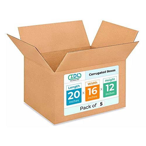 Large Shipping &amp; Moving Boxes 20 x 16 x 12 inches (5-Pack) - Extra Strength 200 lb vs Regular - Corrugated Packing Boxes for USPS/FEDEX - Heavy Duty Moving Box - Box Large by IDL Packaging