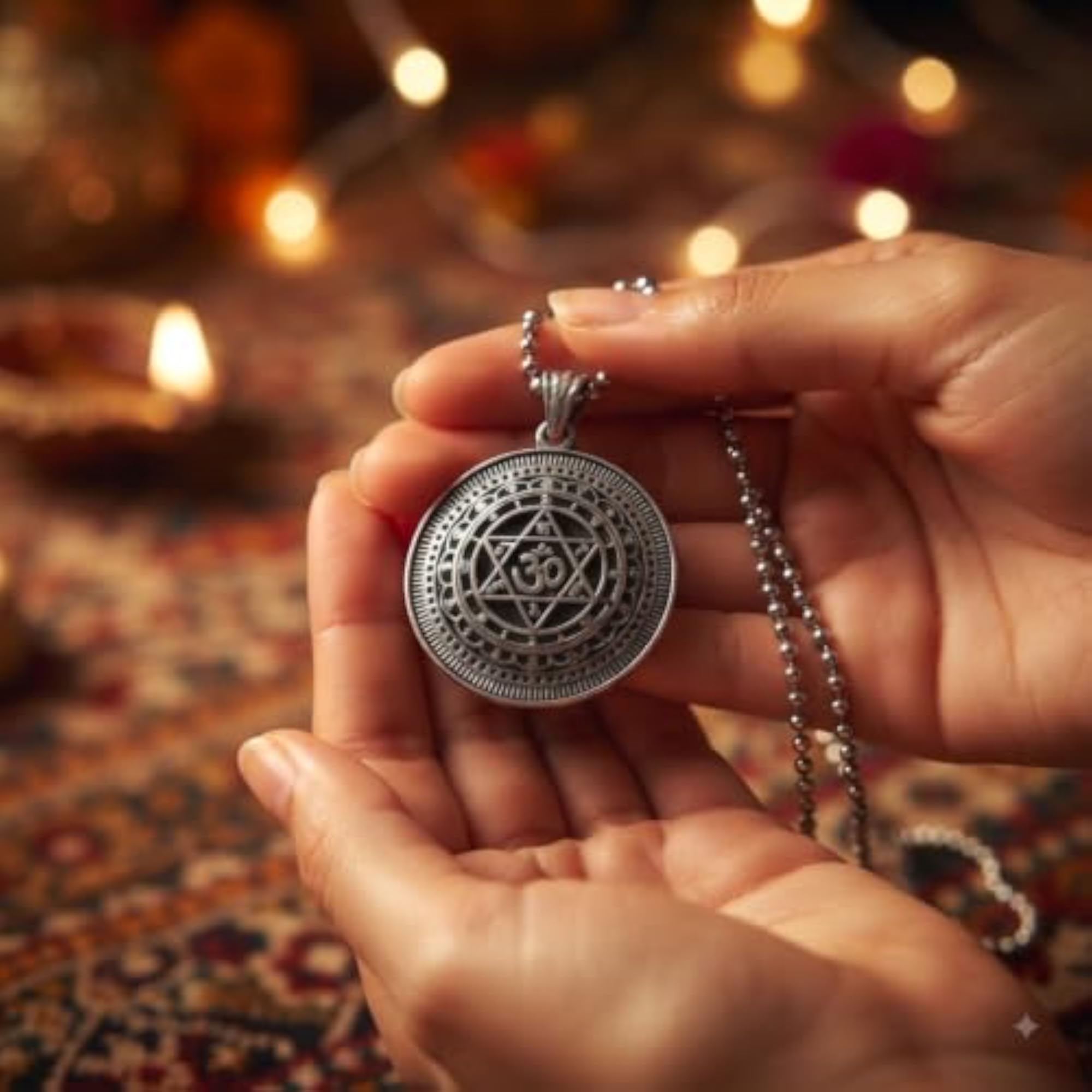 Om Sudarshan Chakra Yantra Bead Chain Metal Pendant