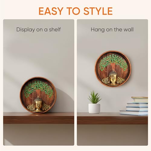 Image of AAKRITI ART CREATIONS Nirvana Buddha Wall Art, Handcrafted Wooden Decor Featuring Bodhi Tree and Buddha Head, Dhokra Art Set of 1, Multi Color | Matte Finish Mango Wood | Living Room, Bedroom, Office
