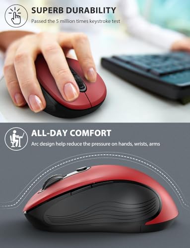 Image of Trueque Wireless Mouse for Laptop, Ergonomic 6-Button Mouse, Red | 2.4GHz USB receiver, back /forward buttons, 3 adjustable DPI levels, silent clicks, USB-C adapter, Windows /Mac /Chrome OS /Linux