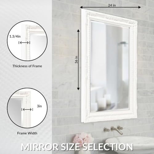 Image of Howard Elliott Collection Queen Ann Rectangular Glossy White Wall Mirror, Rectangle Hanging Wood Framed Vanity Mirrors for Home Decor, Living Room, Bathroom, Bedroom, or Hallway, 24 x 36 Inch