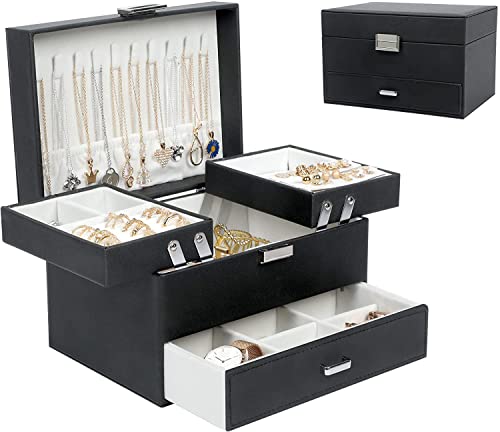 Image of Sagrach PU Leather Jewelry Storage Display Case for Drawer Dresser | Jewellery Holder Trays for Earring Ring Necklace Watch (1Pc, 22.5cm x 14.2cm x 14.2cm, Black)