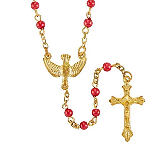 Needzo Confirmation Catholic Rosary Beads with Case, Red Beaded Prayer Necklace with Gold Tone Holy Spirit Center and Traditional Crucifix, Confirmed in Christ Keepsake Gift, 16.5 Inches2