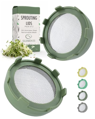 Elementi Sprouts Growing Kit for Wide Mouth Mason Jars, Set of 2 Sprouting Lids for Organic Alfalfa & Mung Bean Sprouts Grow Kit, 316 Stainless Steel Mesh Screen Strainer Lid (Sage Green)