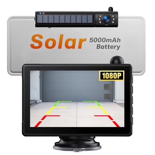 Solar Wireless Backup Camera for Car, 5' HD 1080P Monitor 3 Mins DIY Installation 5,000mAh Battery with 2 Channel IR Night Vision License Plate Back Up Camera Systems for Truck, Pickup,Car, RV, SUV