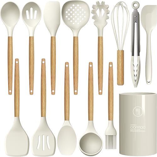 oannao Silicone Cooking Utensils Set - 446°F Heat Resistant Silicone Kitchen Utensils for Cooking,Kitchen Utensil Spatula Set w Wooden Handles, BPA FREE Gadgets for Non-Stick Cookware (Khaki) by oannao - Used condition - US$24.11