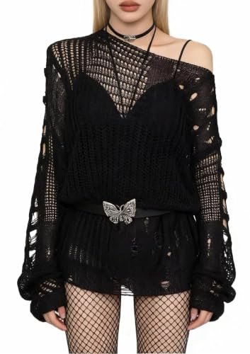 Image of Goth Y2K Striped Sweater Grunge Ripped Punk Gothic Sweaters for Women