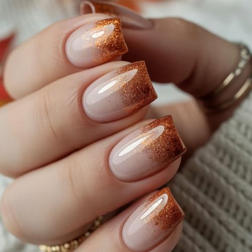 Elegant Nude Press-On Nails with Copper Glitter Tips, Square Shap...