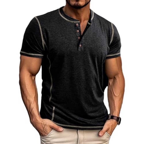 Asamqu Mens Short Sleeve Shirts Casual Cotton Basic Henley Shirts Summer Lightweight T-Shirts Black