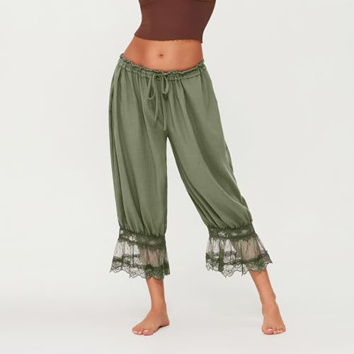 Image of KOSUSANILL Women Long Bloomer Pants Lace Trim Ruffle Pantaloons Cropped Lounge Pajama Bottoms Y2K Capri Pettipants