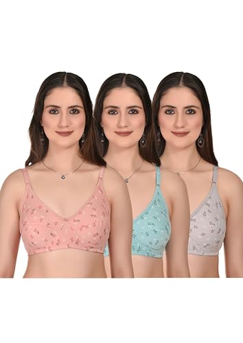 Image of Women's Floral Print Cotton Push Up Bra, Non-Padded, Pack of 3, Pink Grey Navy
