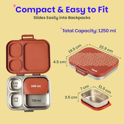 Image of Basil Bento Box Quad Plus - 3+1 Compartment Stainless Steel Lunch Box (1020ml) with BPA-Free Lid | Leak-Proof Tiffin for Kids & Adults | Premium Lunch Box for School, Office & Picnic - Tanjore Kolam