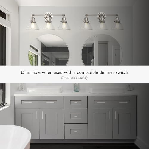 Image of Design House Augustin Vanity Light, 3-Light, Seeded Glass Warm Glow, Dimmable, Up /Down Glow, Easy Installation, E26 Socket, Satin Nickel, 25.9 in L x 8.3 in D x 11.1 in H, 589036-SN