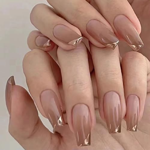 MERVF Coffin Press on Nails Long Fake Nails Gold French Tip Glue ons with Ombre Brown Design Ballerina Fall Acrylic False Nail Glossy 24pcs