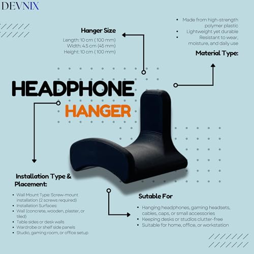 Image of Headphone Wall Mount Holder or Hanger- Universal Headset Holder for Home, Office & Gaming Setup | Space-Saving, Heavy-Duty Plastic Wall Hanger (Black) (Curve, 2, Count)