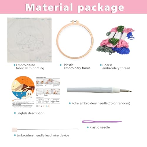 Image of Zhenqing Sunset Seascape Punch Needle Kit for Beginners - 29x29cm Embroidery with 20cm Hoop, Coarse Cotton Thread & Tools, Coastal Landscape Design(Z95113C)