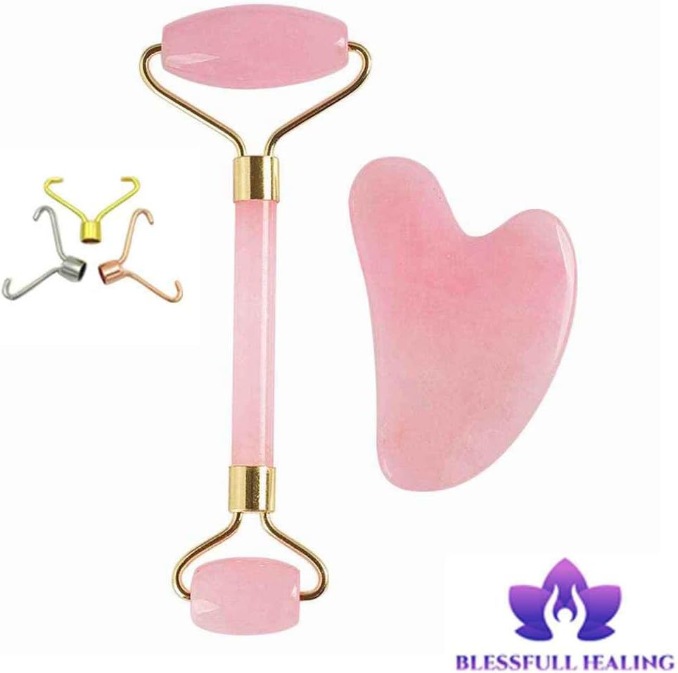 Blessfull Healing Rose Quartz Roller and Gua Sha Scraping Plate Set,Anti Aging Massager Tool Traditional Facial Scraper Tool